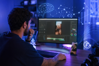 Criador de conteúdo editando um vídeo vertical em um estúdio com elementos visuais abstratos de inteligência artificial