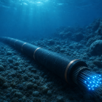Representação abstrata de um cabo submarino de fibra óptica atravessando o oceano entre a América do Norte e a Europa, sem textos ou logotipos