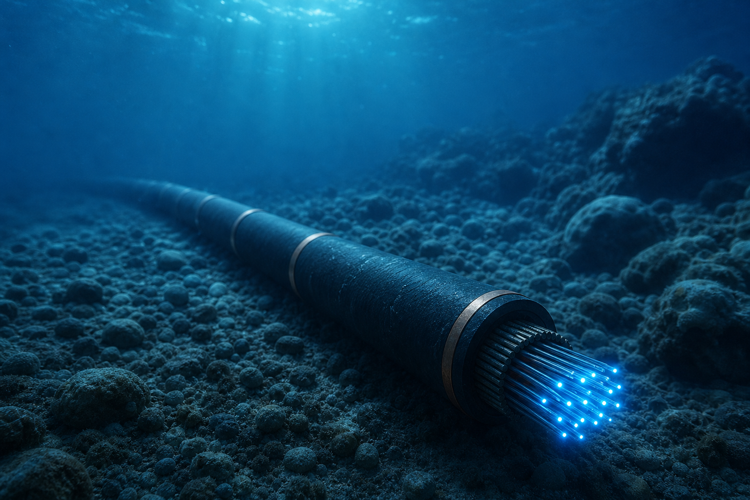 Representação abstrata de um cabo submarino de fibra óptica atravessando o oceano entre a América do Norte e a Europa, sem textos ou logotipos