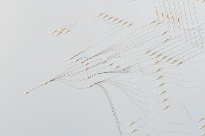 Ilustração abstrata de uma rede neural digital com conexões e fluxos de dados em tons azuis.