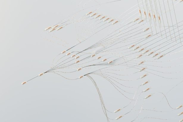 Ilustração abstrata de uma rede neural digital com conexões e fluxos de dados em tons azuis.