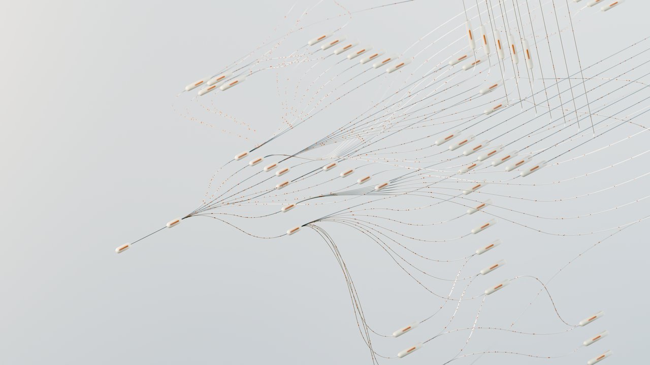 Ilustração abstrata de uma rede neural digital com conexões e fluxos de dados em tons azuis.